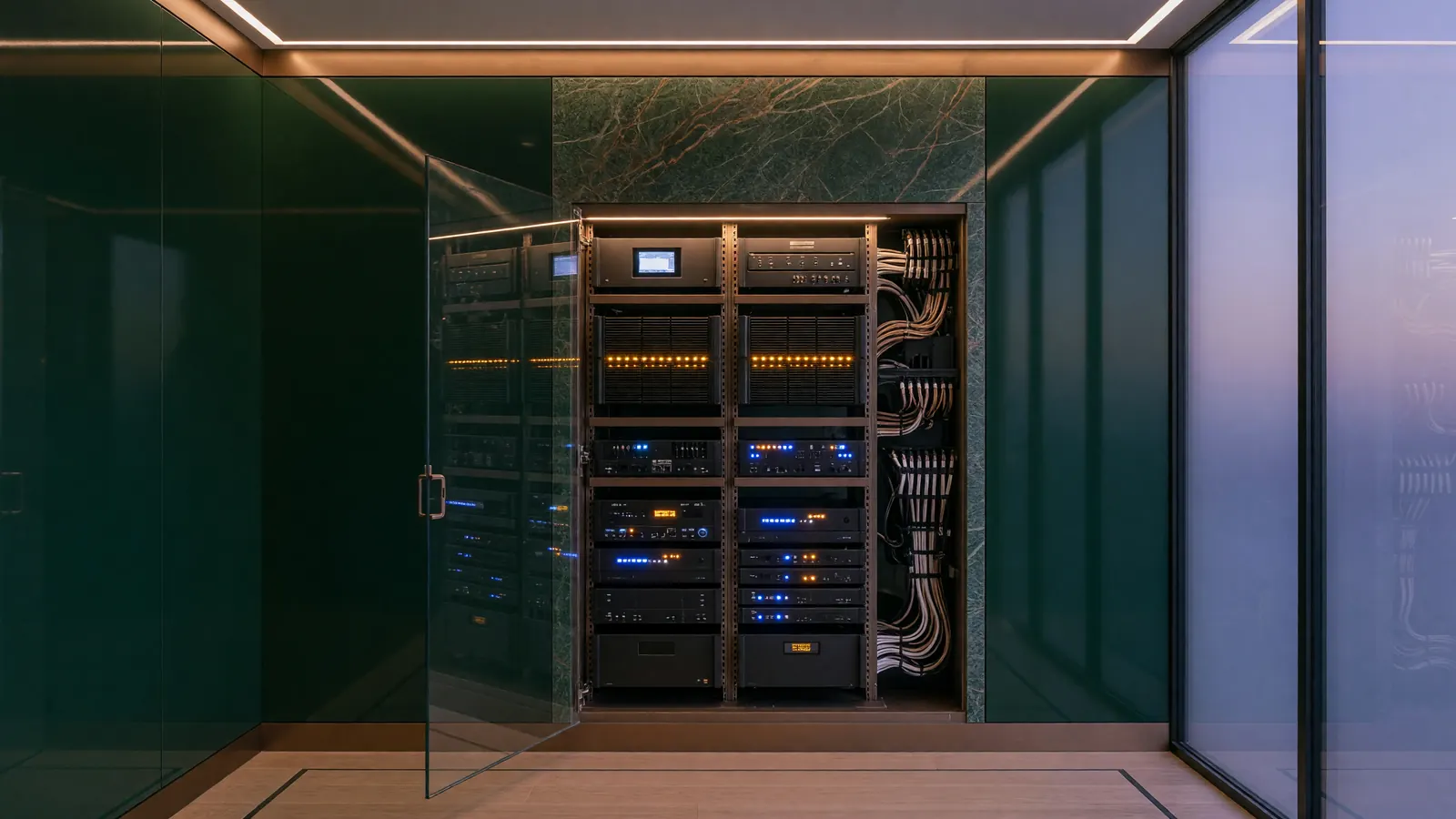 A custom AV rack of amplifiers and network gear with glowing LED indicators