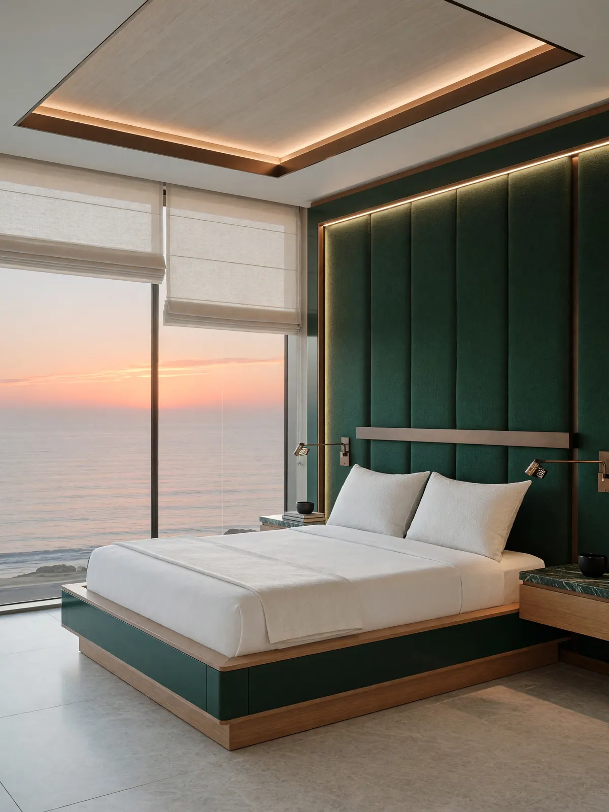 A modern bedroom at sunrise with shades over the ocean
