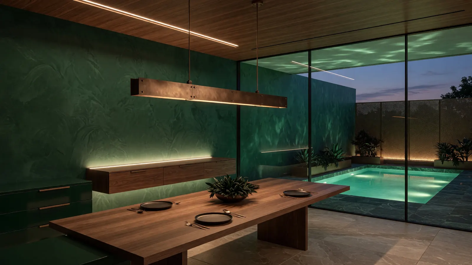 A modern dining room at night, a linear bronze pendant dimmed low