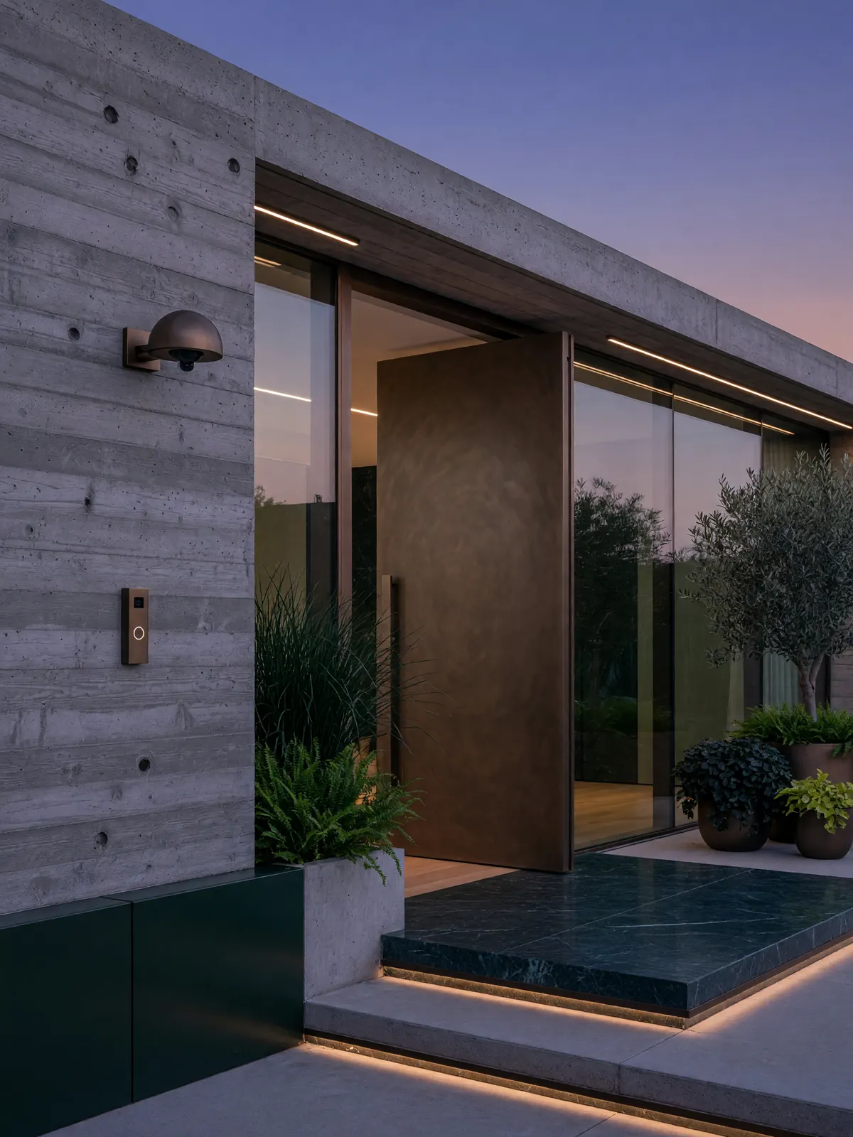 A modern entrance with a bronze pivot door and a small bronze camera