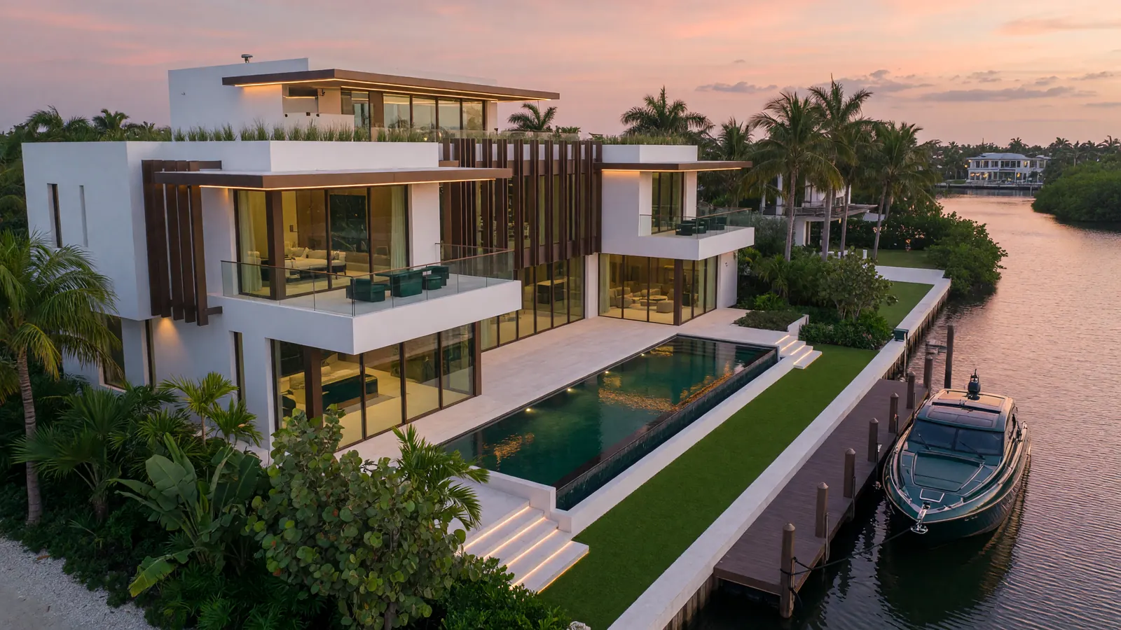 Aerial view of Gulf-front homes along Naples canals at golden hour