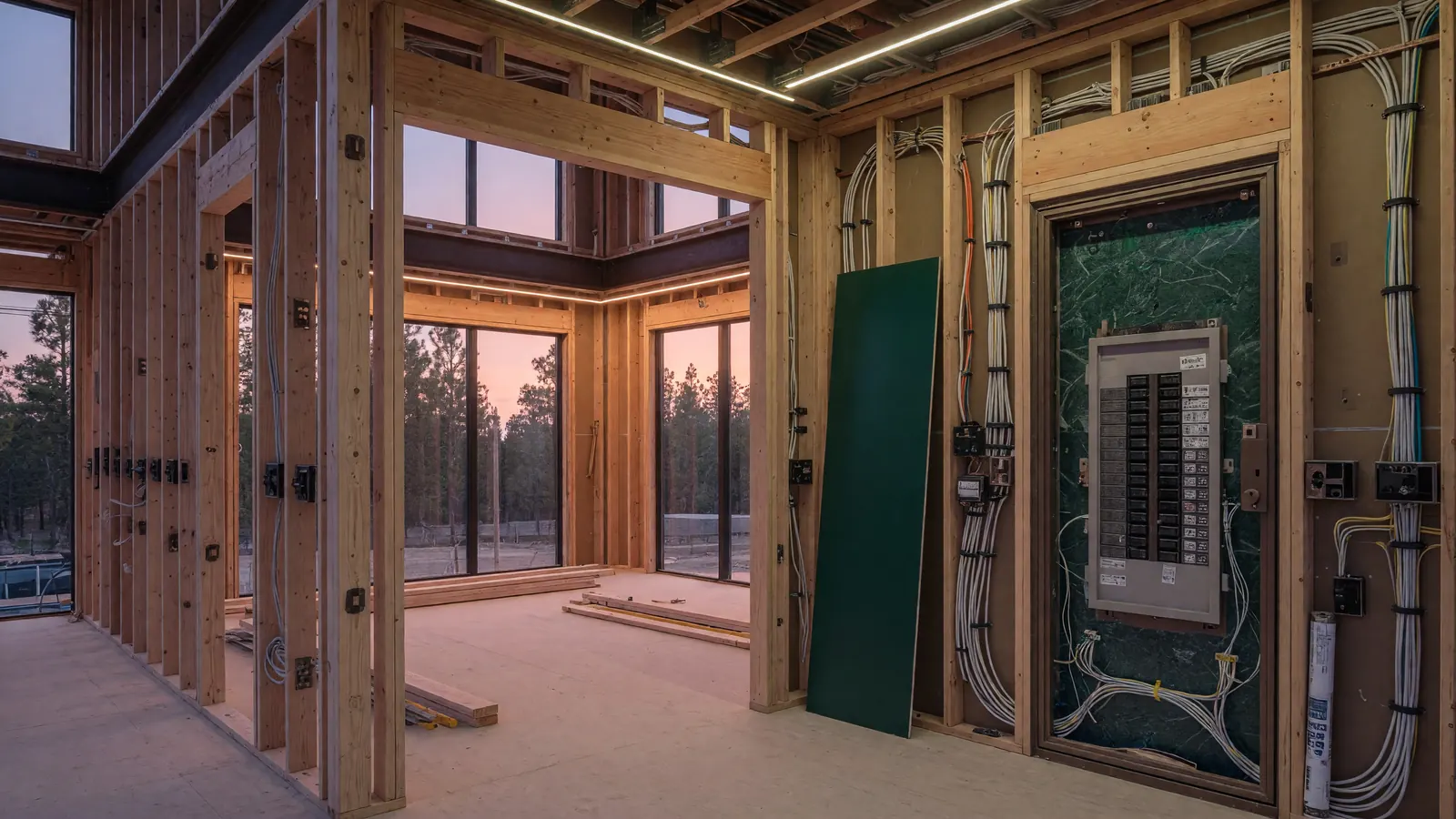 Neatly bundled low-voltage wiring in a new home before drywall