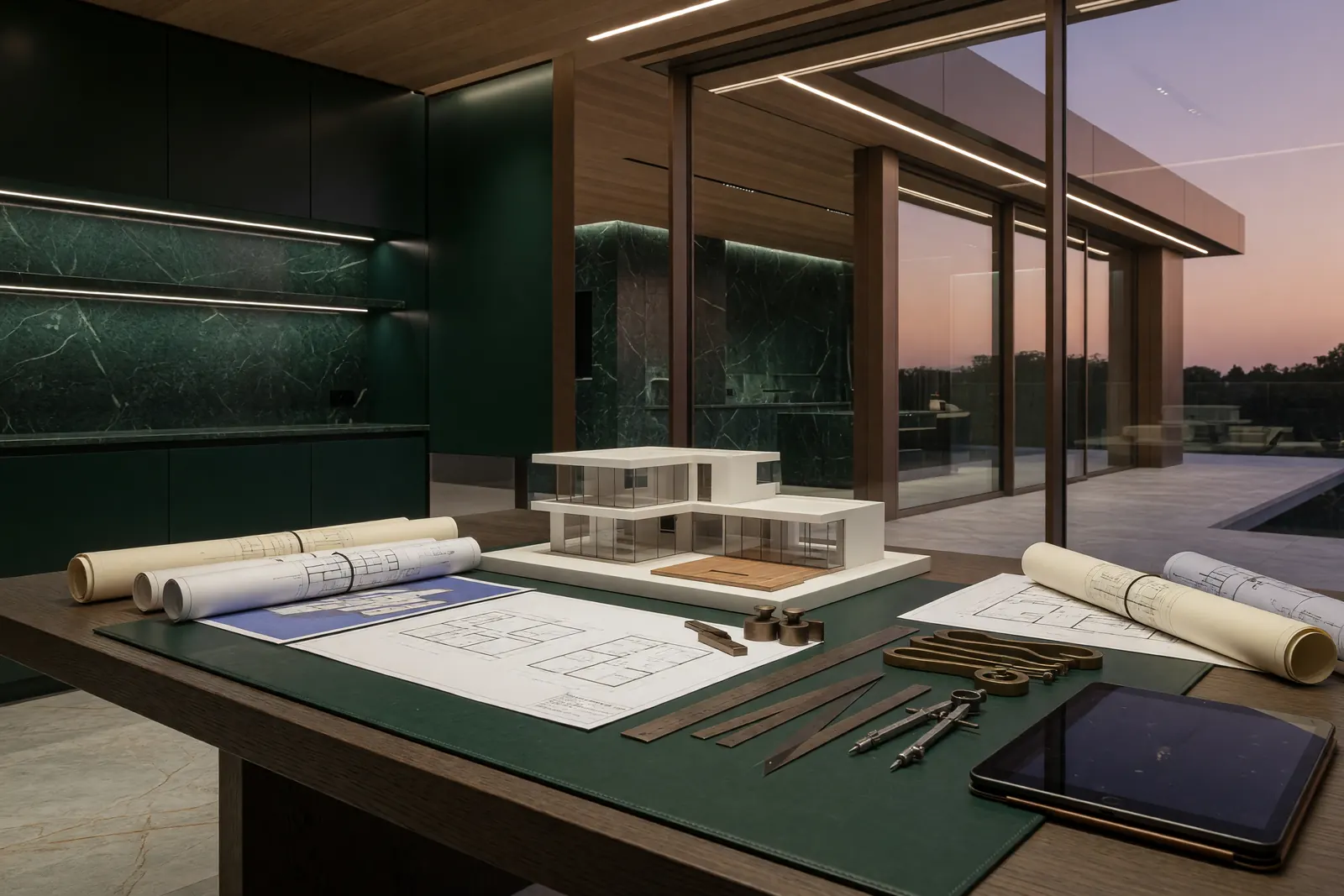 An architect's table with plans, a scale model of a modern villa and bronze drafting tools