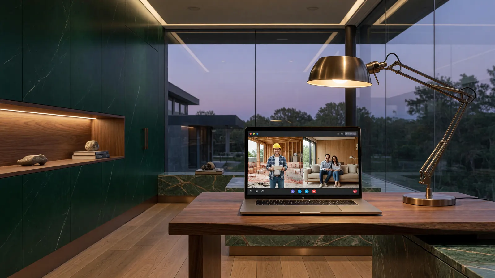 A video call on a laptop with the homeowners at home up north, a Smart Estate Guide concierge, and the builder on a Florida job site