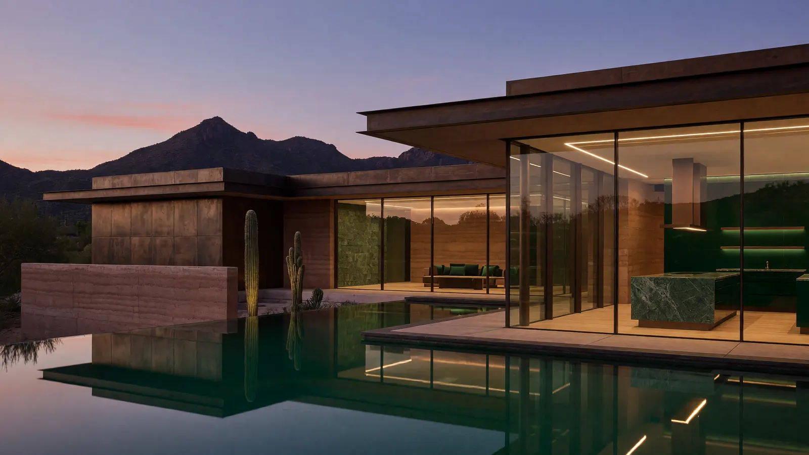 A contemporary desert home with an infinity pool at dusk below the mountains