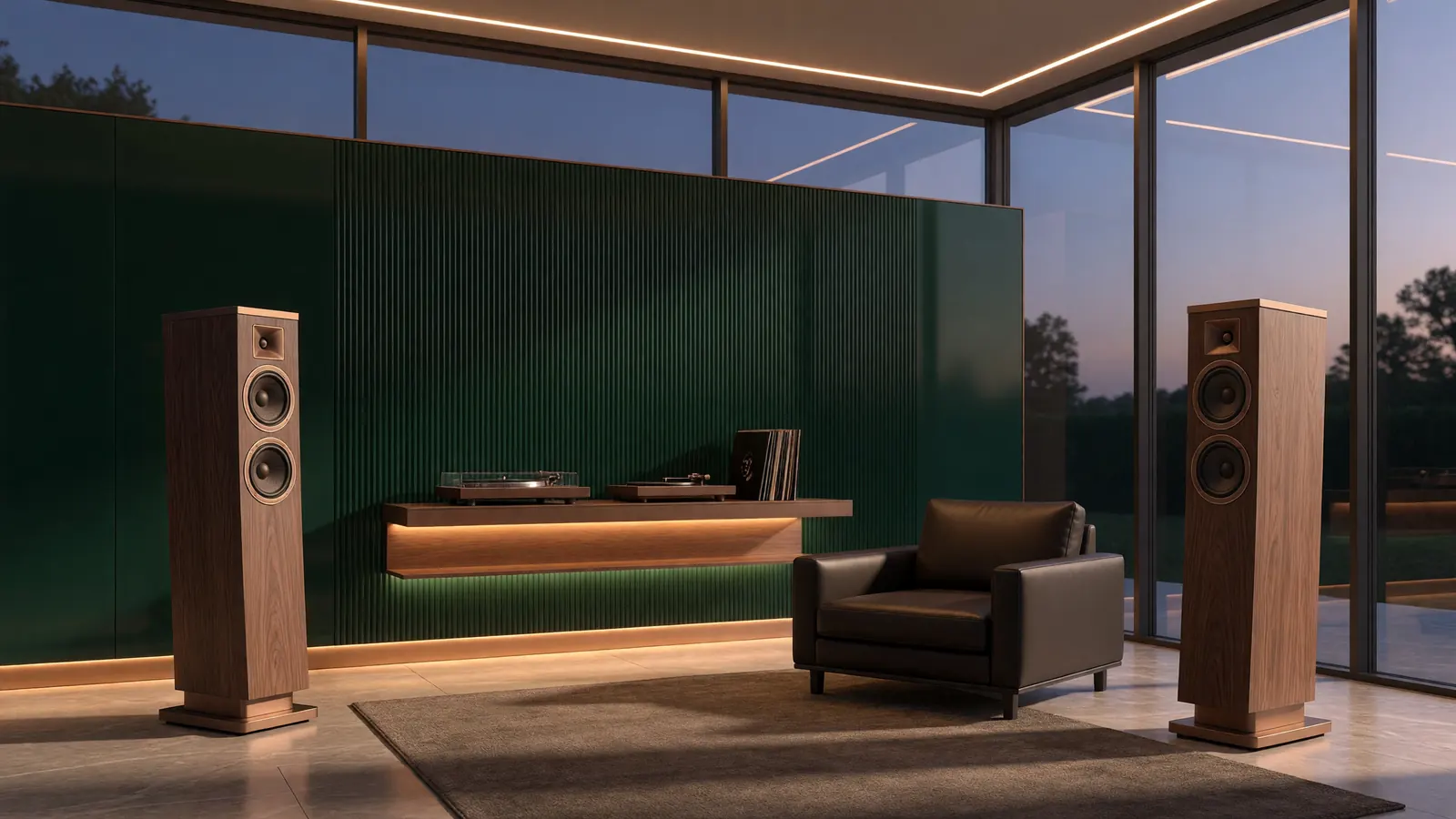 A modern listening room with a pair of walnut and bronze floor-standing speakers