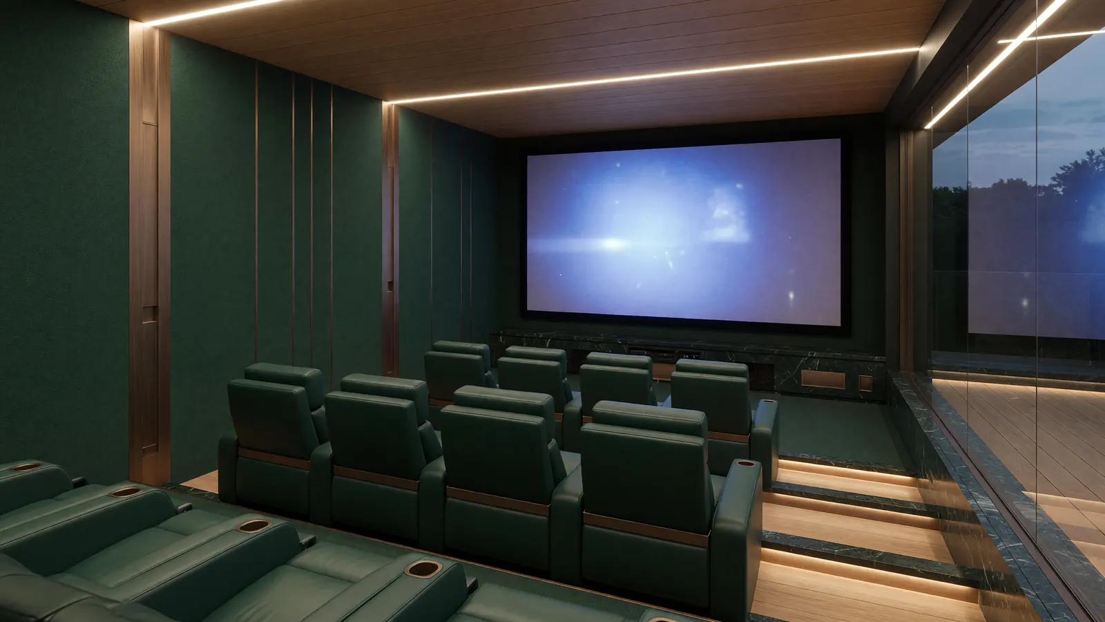 A modern private cinema with green acoustic panels and bronze slats
