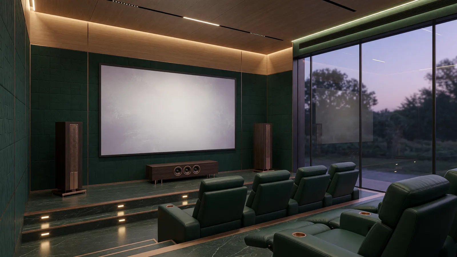 A private cinema with walnut and bronze floor-standing tower speakers beside a large screen