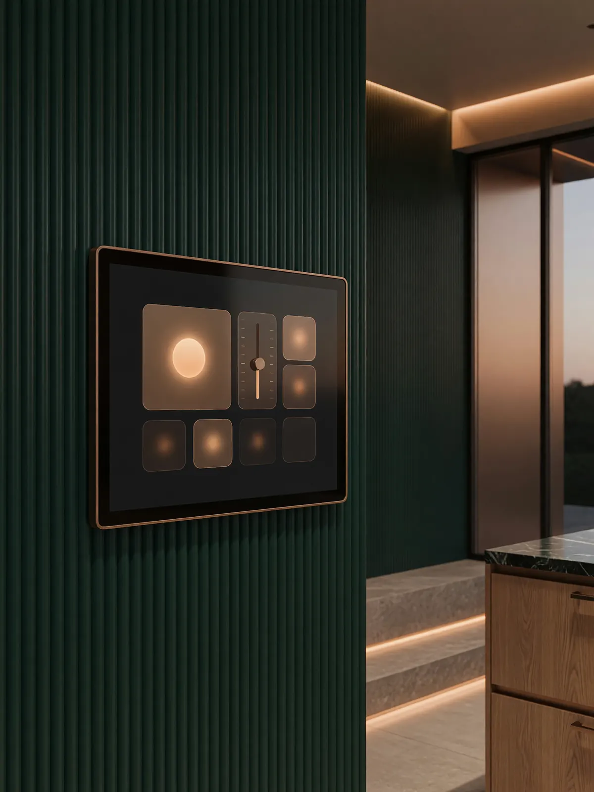 A slim in-wall touch screen with softly glowing controls on a deep green fluted wall in a modern home