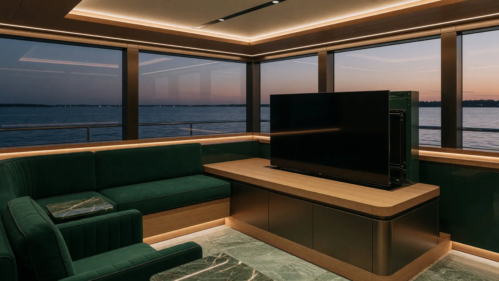 A motor yacht salon with integrated lighting and screens