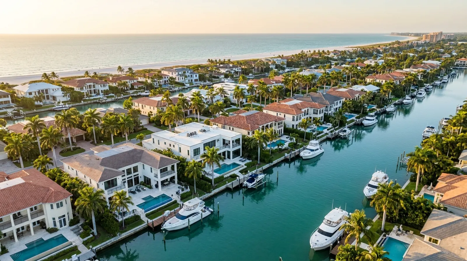 Aerial view of Gulf-front homes along Naples canals at golden hour
