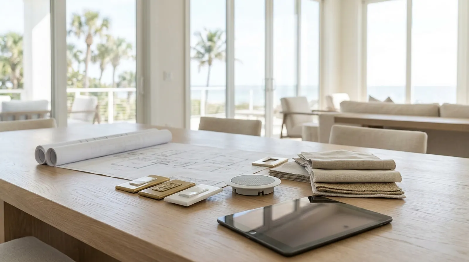 Architectural plans, lighting keypad samples and a tablet on a table in a bright coastal home