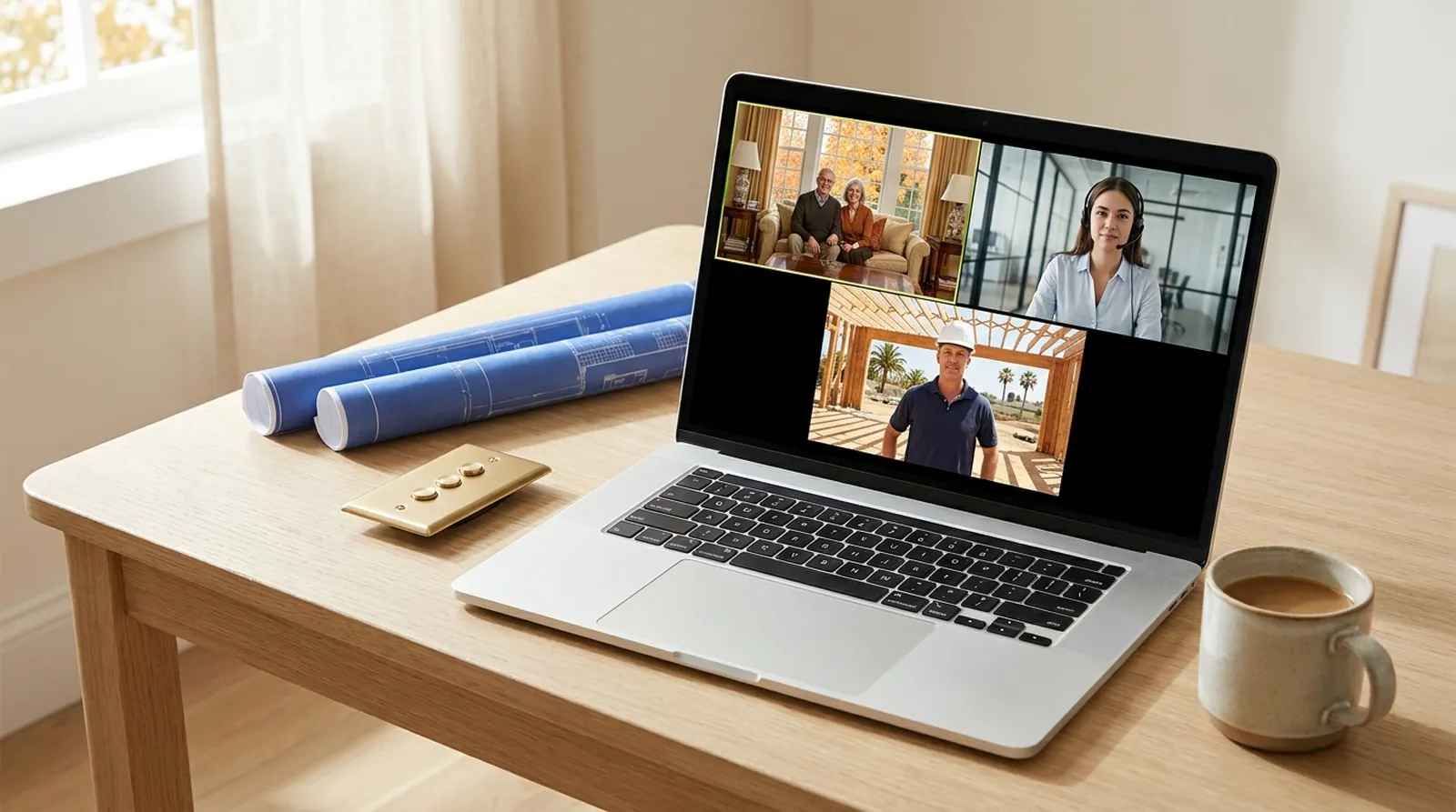A video call on a laptop with the homeowners at home up north, a Smart Estate Guide concierge, and the builder on a Florida job site