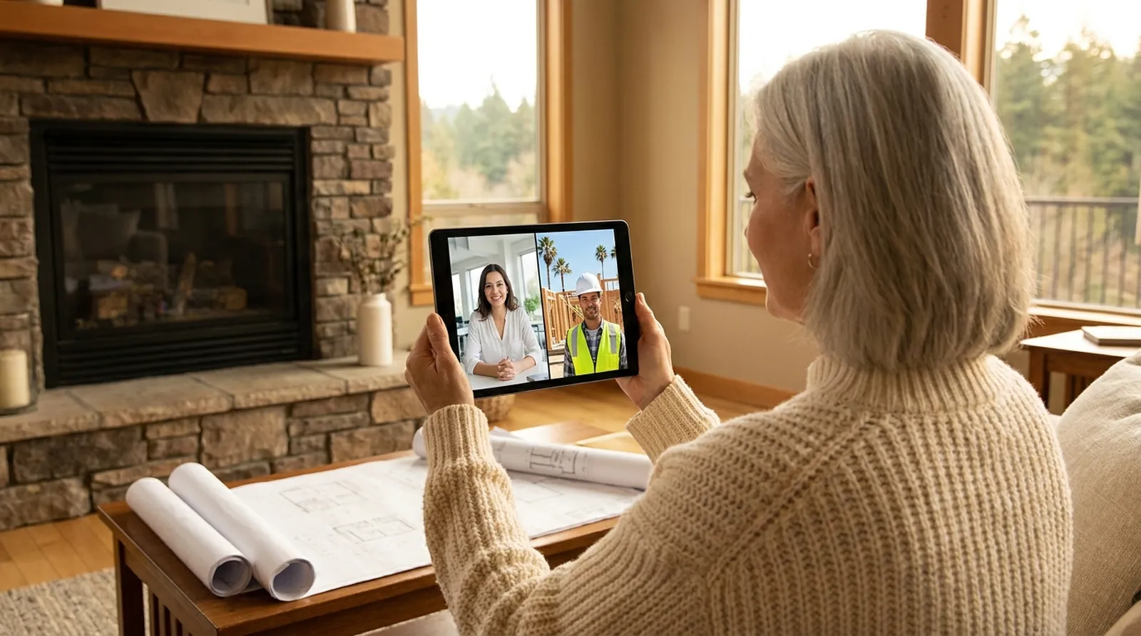 A homeowner by the fireplace on a video call with her concierge and her builder, plans on the table